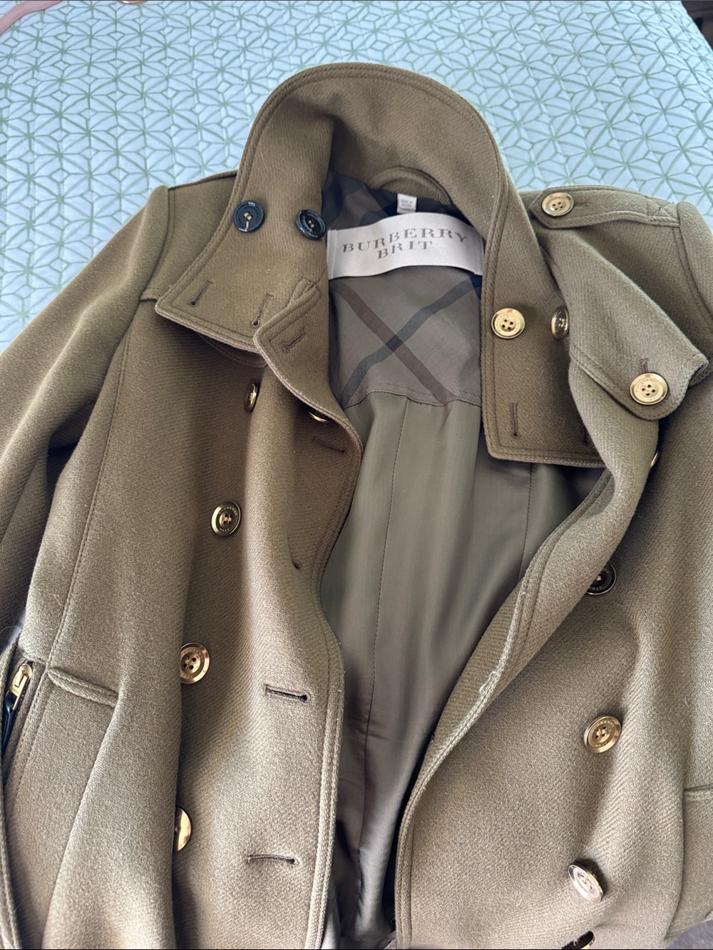 Burberry Brit Olive Green Double-Breasted Wool Pea Coat